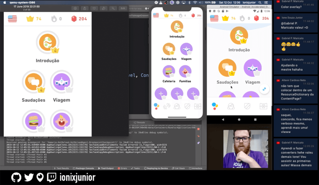 Parte VII da live do clone do Duolingo com Xamarin.Forms. Na imagem o resultado parcial obtido da implementação do Android e iOS e um print do app original para comparar.